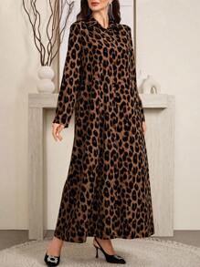 Al Najma 女式豹纹纽扣式朴素长袖连衣裙，宽松休闲风格 - 咖啡棕 - 查看 3