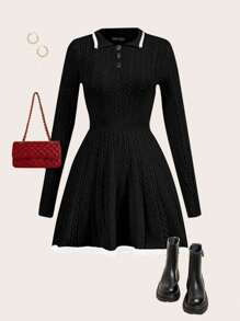 SHEIN Unity 女士纯色前纽扣长袖休闲毛衣连衣裙