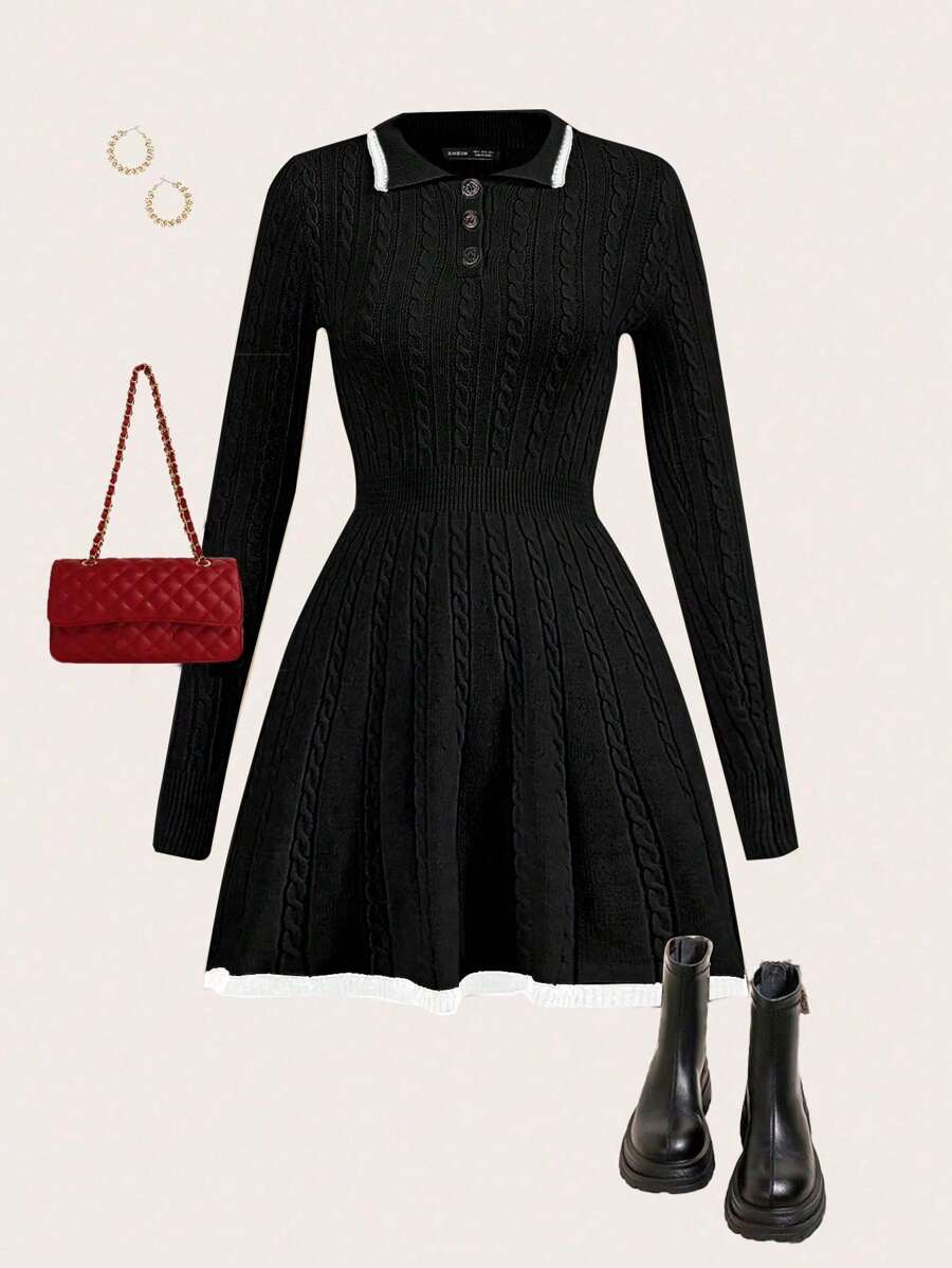 SHEIN Unity 女士纯色前纽扣长袖休闲毛衣连衣裙