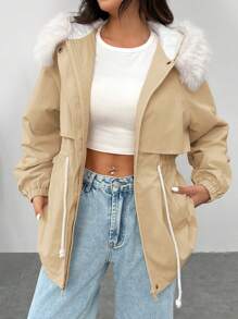 SHEIN EZwear Women New Solid Color Fluffy Patchwork Thermal Lined Hooded Short Padded Coat For Winter - Khaki - View 5