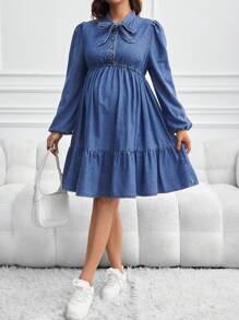 SHEIN Maternity Denim Dress With Loose Long Sleeve Shorts, Blue