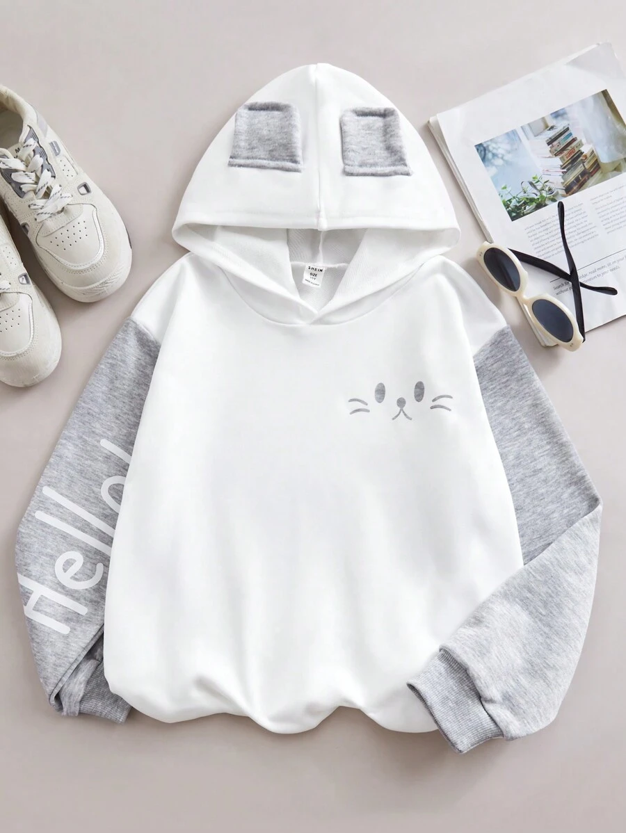 Tween Girls Cute Animal Graphic Black & White Sweatshirt, Suitable For Spring/Autumn/Winter - Multicolor - View 1