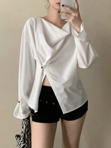 DAZY 1 pieza Blusa de mujer con cuello drapeado asimétrico y manga larga, con volantes - Blanco - Ver 5