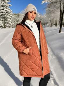 SHEIN EZwear 大码女式棕色棉质夹棉大衣，寒冷天气保暖服装，保暖绗缝夹克，秋装