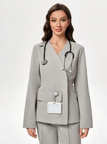 TaskEZ 2pcs Scrub Set Anti-Wrinkle Crossed Wrap Long Sleeve Nurse Uniform Top & Bottom For Women - Khaki - View 6