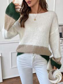 SHEIN LUNE 1pc Soft & Relaxed Chunky Contrast Color Loose Knit Sweater, Autumn/Winter Knit Pullover Fall - Multicolor - View 1
