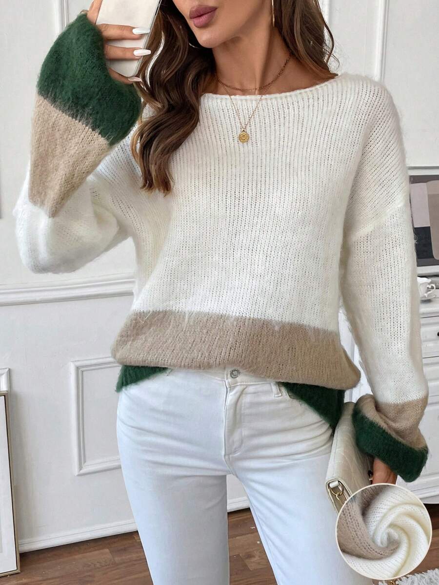 SHEIN LUNE 1pc Soft & Relaxed Chunky Contrast Color Loose Knit Sweater, Autumn/Winter Knit Pullover Fall - Multicolor - View 1