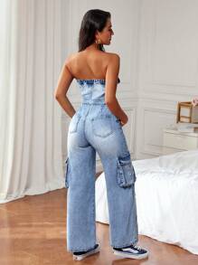 SHEIN ICON Bộ đồ liền thân denim không dây dành cho nữ, thiết kế bó eo - Màu xanh lam - Xem 2