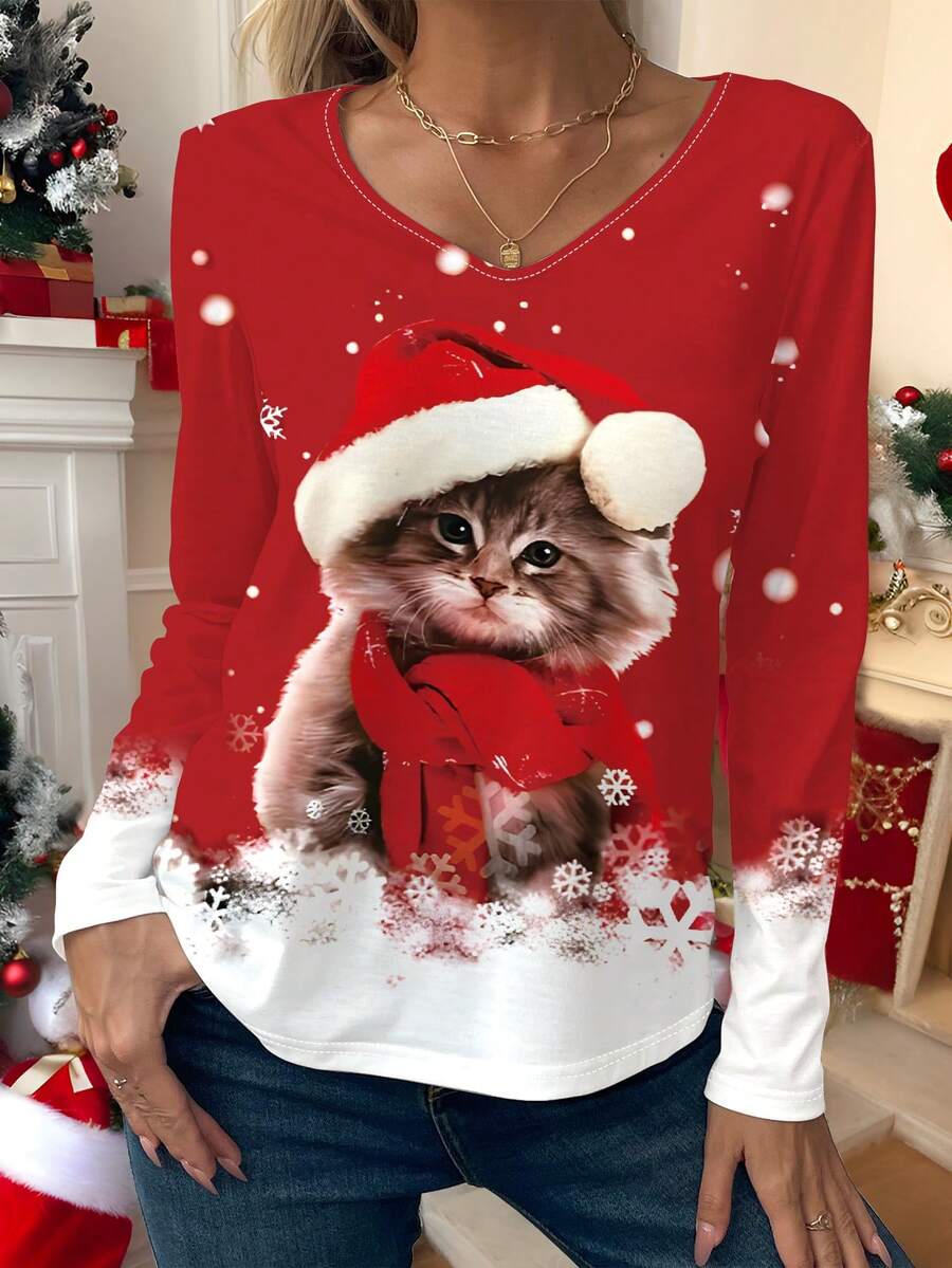 SHEIN LUNE Christmas Cat & Snowflake Print Casual VNeck Long Sleeve T