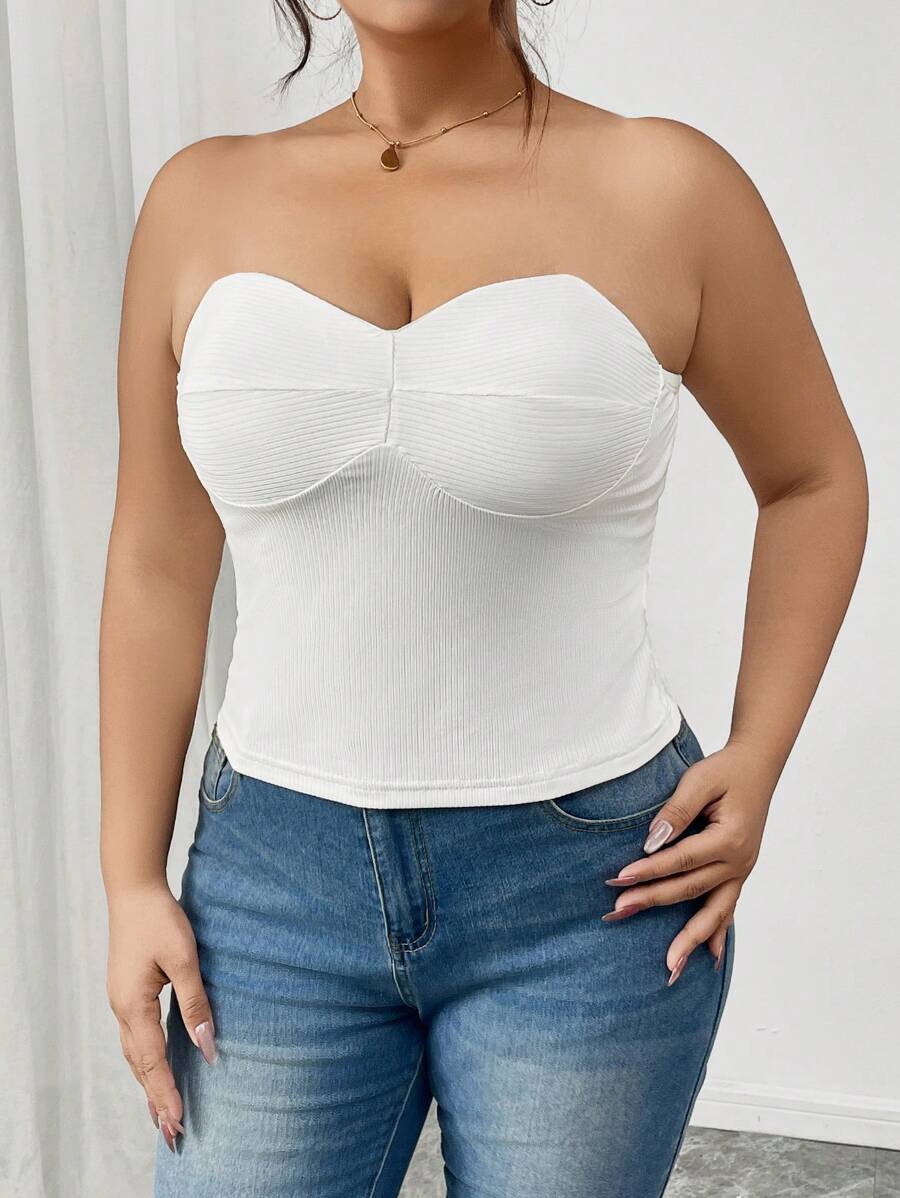 SHEIN Frenchy Plus Size Women Solid Color Strapless Tight Sexy Camisole Top - White - View 1