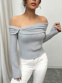 Selianne 1 pieza Camiseta de mujer de punto acanalado con hombros abiertos, diseño que resalta la figura - Gris - Ver 6