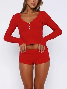 2pcs Women Solid Color Button-Up Long Sleeve Blouse And Shorts Set, Casual Street Style Sexy Outfit, Spring/Summer - Red - View 3