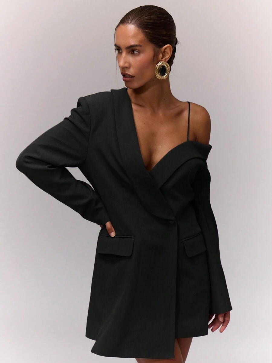 MUSERA Váy blazer ngắn bất đối xứng, phong cách công sở, sang trọng, thích hợp cho kỳ nghỉ hè, tiệc brunch, hẹn hò ở Ibiza, tiệc thường ngày, dự tiệc cưới, tiệc tùng, trang phục dạ hội thanh lịch mùa hè, kỳ nghỉ. - màu đen - Xem 1