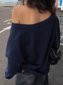 DAZY 宽松保暖内衬字母印花露肩卫衣，女士Y2K风格，秋季服装 - 藏蓝色 - 查看 5