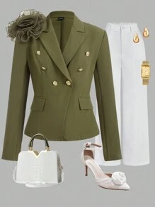 SHEIN Clasi Women's Autumn/Winter Fashion Versatile 3D Floral (Detachable) Blazer Winter Women Clothes - Green - View 2