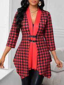 SHEIN Lady Red And Black Houndstooth Print Cardigan,Women's Elegant Office Coat With Metal Buckle & Mid-Length Sleeves,Asymmetrical Hem Autumn Winter Outfits - Red - View 4