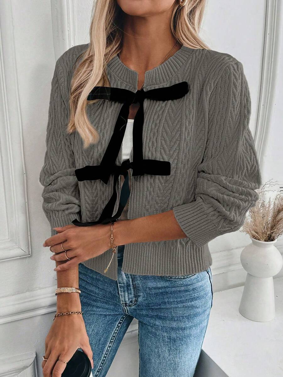 SHEIN Unity 1 件女士时尚休闲系带前开衫,适合日常休闲穿着 - 深灰色 - 查看 1
