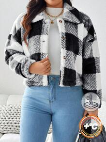 SHEIN LUNE 大码格子羊毛夹克冬季女装度假装 - 黑與白 - 查看 7