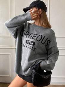 DAZY Suéter de cuello redondo de manga larga con letra y número, de tejido jacquard y corte holgado, grueso, para mujer, ropa de mujer para otoño