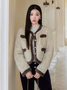 EastFlair Women Casual Contrast Trim Fluffy Trim Jacket, Autumn/Winter - Chocolate Brown - View 5