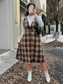SHEIN Franclia Plus Size Retro Diepe V-hals Geruite Tweed Pinafore Jurk