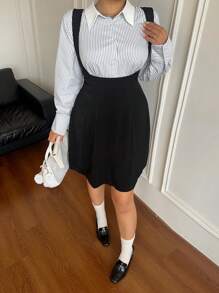 Flirla Plus Size Women 2pcs/Set Striped Patchwork Collar Blouse + Suspender Adjustable Waist Midi Dress, Autumn - Multicolor - View 3