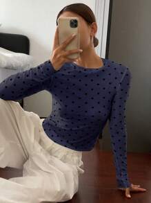DAZY 波尔卡圆点修身圆领长袖休闲女式上衣，秋季服装学院风上衣 - 藏蓝色 - 查看 3