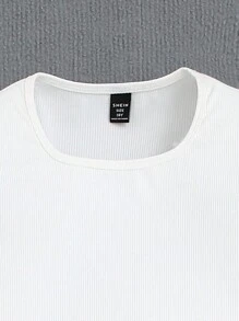 SHEIN 1 套青少年女孩紧身衣和休闲宽松不对称腰部阔腿牛仔裤套装，时尚百搭的日常穿着 - 白色 - 查看 8