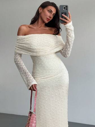 Aloruh Women's Apricot Off-Shoulder Long Sleeve Tight-Fitted Short Length Textured Fabric Dress, Romantic For Date Night & Vacation, Karaoke,White Graduation Dress