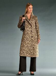 SHEIN BAE Women's Leopard Print Lapel Neck Long Sleeve Long Overcoat, Fashion For Autumn