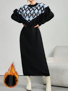 Mulvari Women's Rhombus Pattern Round Neck Tassel Elegant Long Sleeve Sweater Dress