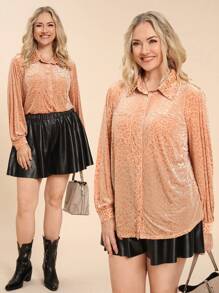 SHEIN LUNE Plus Size Women Leopard Print Long Sleeve Single-Breasted Pocket Casual Shirt, Autumn Plus Size Fall Clothes - Camel - View 3