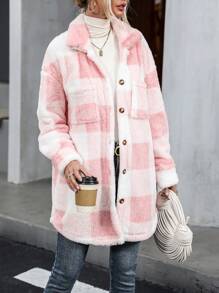 SHEIN LUNE Áo khoác kẻ caro dài tay cài nút phía trước cho nữ, mặc thường ngày - Hồng - Xem 1