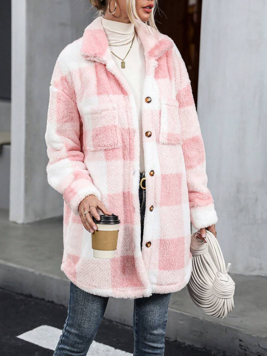 SHEIN LUNE Áo khoác kẻ caro dài tay cài nút phía trước cho nữ, mặc thường ngày - Hồng - Xem 1