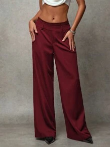 SHEIN BAE Pantalones anchos de cintura baja sueltos con bolsillo, parche de encaje retro, doble cinturilla, aptos para el invierno/otoño, de uso casual/moda al aire libre/versátil casual para mujer, en color negro liso