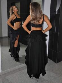 SHEIN ICON Asymmetrical Hem Ruffle Layered High Low Skirt With Ultra Low Waist - Black - View 2