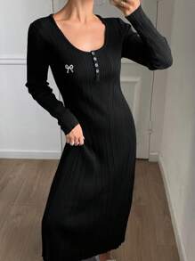 DAZY 蝴蝶图案针织长袖修身毛衣裙，女式秋季服装 - 黑色 - 查看 9