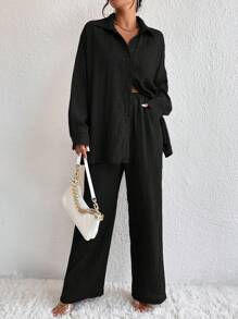 SHEIN PETITE 2pcs/Set Petite Lantern Sleeve Textured Cardigan And Pants Set - Black - View 4