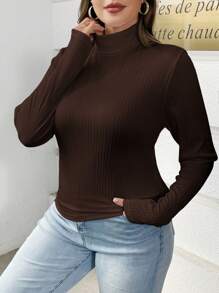 SHEIN Essnce Quần áo thu cỡ lớn, trang phục khoét rỗng cho nữ, trang phục lễ tạ ơn, thời trang thu mới, thường ngày, đi làm, thanh lịch, áo phông cổ cao, tay dài, áo phông trắng, áo dài tay, áo đi chơi - màu nâu - Xem 3