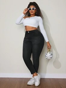 SHEIN ICON Plus Size Women's Slim Fit Denim Pants With Pockets - Black - View 5