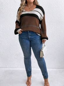 SHEIN LUNE Jersey de hombros caídos con bloques de color y rayas, talla grande, para otoño/invierno