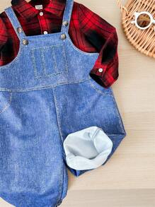 SHEIN Baby Boy 2pcs/Set Casual Daily Raglan Red Plaid Shirt & Denim Effect Suspender Pants Two-Piece Set, Suitable For Autumn/Winter Wear, Indoor And Outdoor
