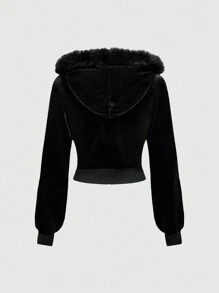 ROMWE Grunge Punk Y2K Gyaru Baddie 天鹅绒短款连帽衫和低腰喇叭裤套装（女款） - 黑色 - 查看 7