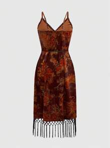 ROMWE Hippie Váy họa tiết hoa dây mảnh phong cách cổ điển cho nữ có viền tua rua - Vàng - Xem 5