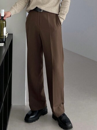 SHEIN X Scheana DAZY Pantalon droit de costume pour hommes, couleur unie avec poches en biais, tenue d'affaires pour l'automne