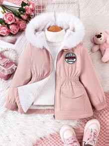 SHEIN Elladie kids 年轻女孩字母与蓬松饰边连帽收腰夹克，休闲秋冬 - 粉色 - 查看 6