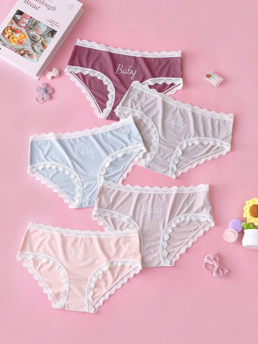 少女蕾丝拼布字母印花休闲裤，简约日常穿着 - 彩色 - 查看 1