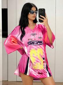 SHEIN ICON V 领全印花休闲运动短款运动足球袖 T 恤外出上衣女士运动衫 - 彩色 - 查看 3