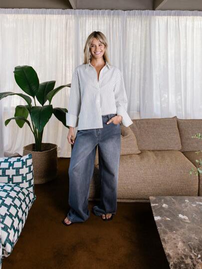 Aralina Camisa holgada casual de mujer de manga larga, de un solo pecho y hombros caídos con rayas