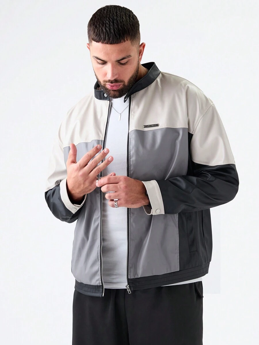 Mainfolk Plus Size Men Loose Fit Multi-Color Casual Long Sleeve PU Leather Jacket, For Fall Winter - Grey - View 1